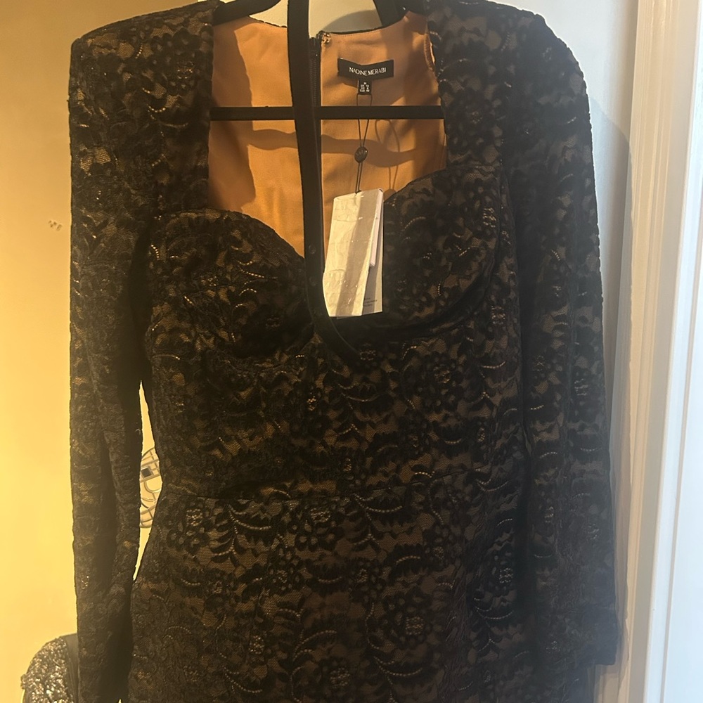 NADINE MERABI Black Lace Long Sleeve Mini Dress - Picture 2 of 4